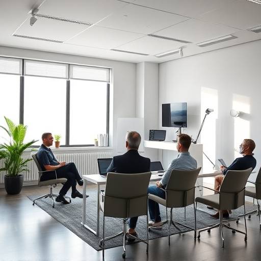 A bright and modern training room setup for interview skills workshops.
