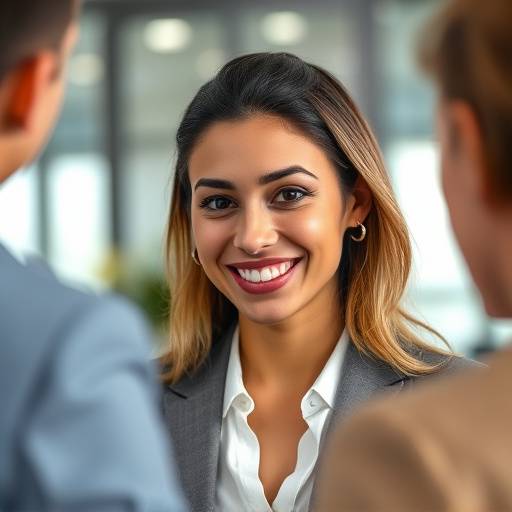 A professional interviewer smiling confidently during an interview.